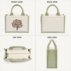 Wildflower Bouquet Embroidered Cotton Juco <b>Mini</b> Hamper <b>Bag</b> 9 x 6.5 x 4 Inch Sage Green Zipper Gift <b>Tote</b> - Product Image 2