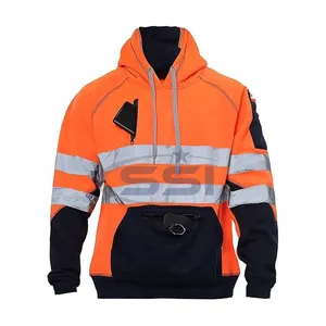 Hoodie keselamatan hi-vis pria, jaket Hoodie musim dingin pelindung keamanan reflektif visibilitas tinggi konstruksi kerja