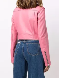 Womens Real <b>Pink</b> Leather Biker <b>Jacket</b> Belted Waist Asymmetrical Zip Lapel Collar Sheepskin Motorcycle Coat Custom Short Outwear - Product Image 4