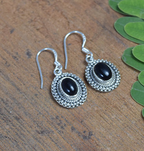 925 Solid Sterling Silver July Birthstone <b>Earrings</b> <b>Black</b> <b>Onyx</b> with Bezel Setting Oval Shape Hook Charm Style - Product Image 3