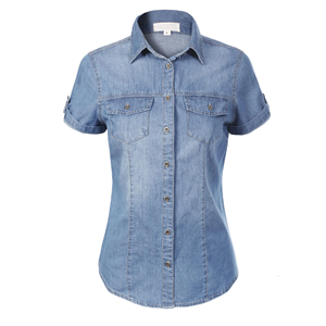 Pantalones cortos de mezclilla de primavera Vintage para mujer, decoración de botones, manga larga, cuello Polo, Top informal, camisa holgada, Exportación ecológica sólida - Product Image 4