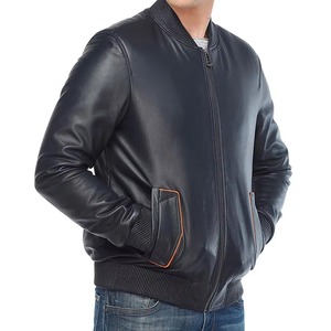 Men's Genuine Sheepskin Leather Jacket <b>Blue</b> Casual Bomber Stand Collar Zipper Washed Technique Winter <b>Canvas</b> jacket for men - Product Image 6