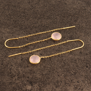 Boho gemstone jewelry round cut natural <b>rose</b> <b>quartz</b> bezel <b>earring</b> brass gold plated long threader <b>earring</b> wedding gift jewelry - Product Image 5