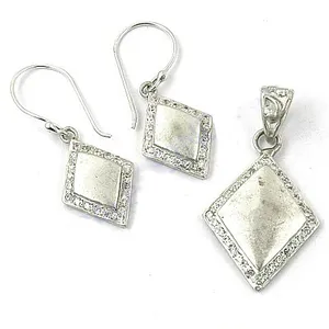 925 Silver Diamond Shape Bridal <b>Jewelry</b> <b>Set</b> Freshwater <b>Pearl</b> Earrings & Pendant for Wedding or Party - Product Image 1
