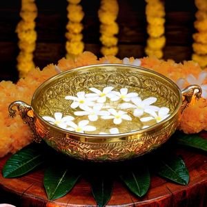 Gold Finish Metal Urli With Stand For <b>Home</b> <b>Temple</b> Decor With Floating Flower Candles And Aroma Setting - Product Image 4