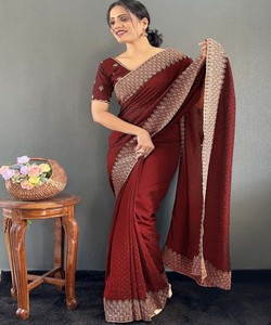 ล่าสุด vichitra zari ทำงานชายแดนพร้อมที่จะสวมใส่ Saree กับ unstitched เสื้อเทศกาลขายส่งราคาเสื้อผ้าชาติพันธุ์สีแดงเข้ม - Product Image 1