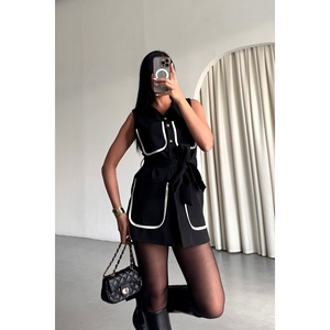 Women's <b>Black</b> Vest with Piping Detail Large Pocket Elegant <b>Waistcoat</b> Style - Product Image 1