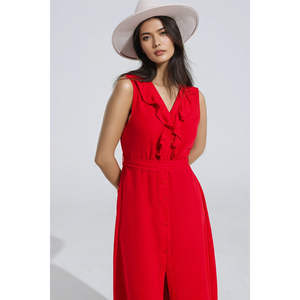 Vestido Rojo de Verano con Corte en A, Volantes y Detalle de Botones, Cintura Natural - Product Image 3