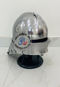 Casque allemand médiéval en acier avec support en bois, armure de Costume Maximus argentée polie avec doublure en cuir - Product Image 4