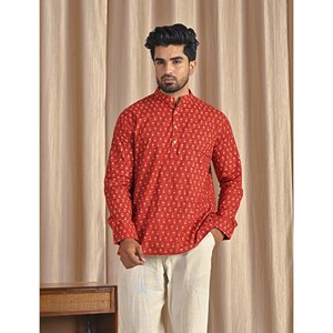 Kurta court en coton popeline rouge imprimé pour homme, chemise décontractée à manches longues, respirante et confortable - Product Image 1
