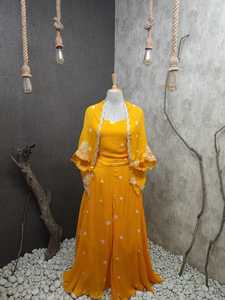 Indowestern 3-PC Set-Beautiful Pure Chinnon Tie Dye Bustier Top Full Flared Palazzo for Plus Size <b>Women</b> <b>Cape</b>-Style Spring - Product Image 3