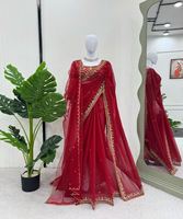 Saree Sutra Kanchipuram Multi Warna Panjang hingga Lantai untuk Pesta, Pakaian Pernikahan India, Desainer Terbaru, Sari Sutra Katun Banarasi dengan Blus