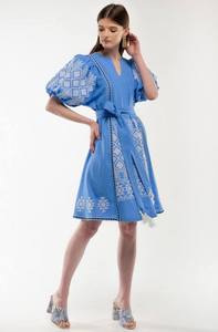 Knee-Length Ukrainian <b>Fashion</b> <b>Designer</b> Dress with Short Sleeves & Embroidery Eco-Friendly Woven Waistline - Product Image 4