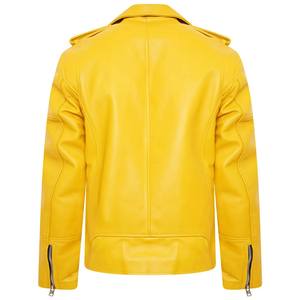 Veste de motard vintage pour homme en cuir d'agneau jaune avec col montant hiver toile fournisseur direct - Product Image 4
