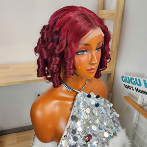 Peluca de Cabello Humano Virgen con Rizo Elástico, Color Borgoña, Doble Trama, Cierre Frontal con Encaje, Peluca Vietnamita - Product Image 1