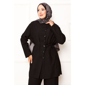 Conjunto de Dos Piezas Negro con Detalle Británico, Cintura Ajustable con Cordón Desmontable, Decoración con Botones, Tallas Grandes - Product Image 2