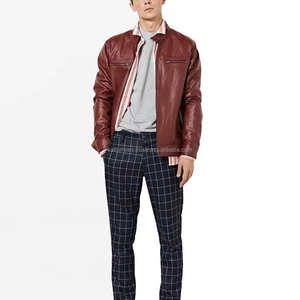 แจ็กเก็ตหนังพอดีตัวสำหรับผู้ชายเบอร์กันดีมีปกตั้งและมีกระเป๋าซิปเหมาะสำหรับเสื้อผ้าลำลองแบบสมาร์ท - Product Image 2