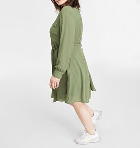 Women <b>Plus</b> <b>Size</b> Sexy V-Neck Knee-Length Chiffon Belted Shirt <b>Dress</b> <b>with</b> <b>Pockets</b> - Product Image 3