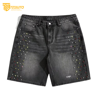 <b>Women's</b> Custom Summer Distressed Denim <b>Jogger</b> Sweat Shorts Baggy Puff Print Embroidery Rhinestone with Acid Wash French Terry - Product Image 5