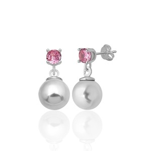 New arrival 925 STERLING <b>SILVER</b> 4 MM PINK ZIRCON STONE 8 MM WHITE SHELL <b>PEARL</b> STUD <b>EARRINGS</b> From Turkey - Product Image 2