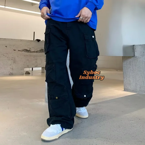 กางเกงคาร์โก้ผู้ชายผ้าคอตตอนแบบ100% กางเกงขายาวสีดำสไตล์ลำลองแบบ6กระเป๋า - Product Image 2