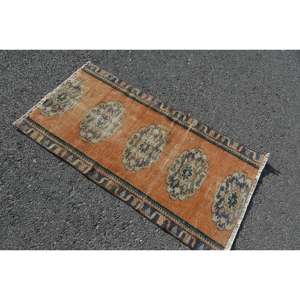 Alfombra de lana azul naranja Vintage 2,2X4,3 pies clásico turco área grande Patchwork pasillo rectángulo diseño látex algas marinas para habitación - Product Image 2