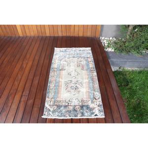 Alfombra de 2.3x4.6 pies, Alfombra Turca Vintage, Alfombra Oriental de Lana Azul y Blanca - Product Image 1