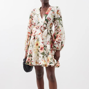Women's Floral Print <b>Chiffon</b> <b>Wrap</b> <b>Dress</b> V-Neck Full Sleeve A-Line Mini Casual Summer with Ruffles Natural Waist ODM - Product Image 1
