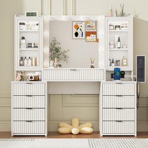 Tocador de maquillaje de roble acanalado de 55 \ ", espejo grande, tapa de cristal moderna, 9 cajones, estantes de almacenamiento abiertos, estación de carga, <span class=keywords><strong>vestidor</strong></span> grande - Product Image 2
