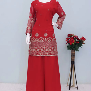 Sharara indien pakistanais de dernière génération en georgette, broderie fantaisie, séquence, élégant, rouge, exclusif, pour les occasions spéciales - Product Image 1