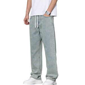 Mens <b>Light</b> Blue Wide Leg Denim Jeans Drawstring Elastic Waist Loose Fit Casual Straight Leg Washed Denim Pants Everyday Wear - Product Image 1