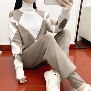 Knit 2 Piece Sets <b>Women</b> <b>Sweater</b> Tracksuits Autumn Turtleneck Pullovers Top + Knit Harem Pants 2PCS Track Suits Winter - Product Image 4