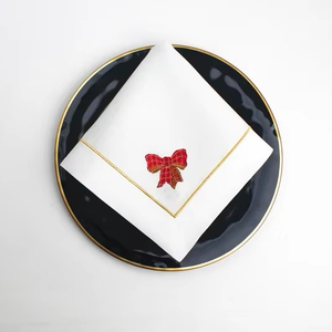 Tovagliolo in Lino Personalizzabile 60x60cm con Nastro Rosso Natalizio Ricamato e Bordo Decorato per <span class=keywords><strong>Natale</strong></span> - Product Image 1