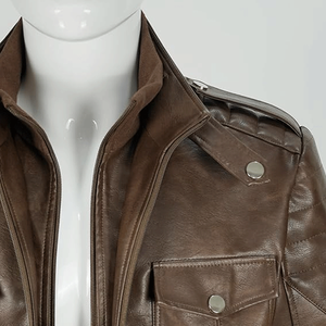 Chaqueta de moto de piel sintética marrón para hombre de calidad superior abrigo de bombardero de cuello de pie de doble capa extraíble - Product Image 3