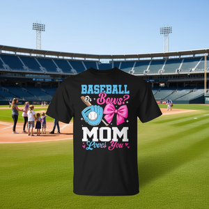 เสื้อยืดโปรโมชั่นงานเปิดเผยเพศลูกน้อยสุดสนุก "แม่ของคุณรักคุณ" - เลือกแบบเบสบอลหรือแบบโบว์ได้ สำหรับแฟนเบสบอลหรือแฟนกีฬายิงธนู! - Product Image 3