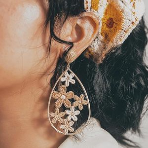 Boucles d'oreilles créoles fleur larme Boho paille osier mignon Floral à la mode déclaration bijoux pour les femmes fête - Product Image 2