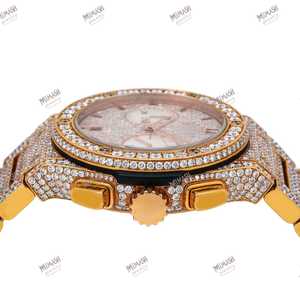 Reloj de cuarzo con cronógrafo de diamantes de moissanita con acento dorado de calidad superior, reloj de edición limitada con dos esferas secundarias únicas completamente heladas