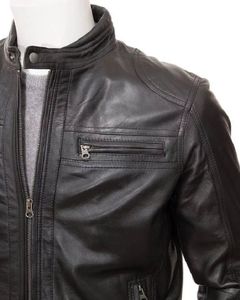 แจ็คเก็ตนักขี่จักรยานผู้ชายหนังสีดำกระเป๋าคู่ - Product Image 2