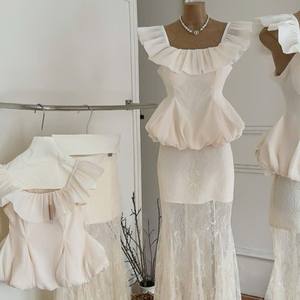 High Quality <b>White</b> Chiffon Ruffle Top & Lace <b>Skirt</b> Fashion Set for Women OEM ODM - Product Image 1