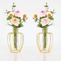 Vase à fleurs décoratif en fil métallique rond avec tube en verre et finition dorée, pour table de salon, pot à fleurs pour la maison