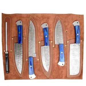 Professional Chef Knives Cutlery Kitchen Knife, Damascus Steel Chef's Knife set with leather roll bag Blue sheet Handle