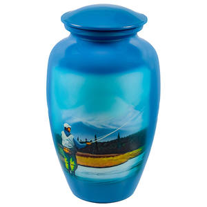 Urnas de cremación funeraria de aluminio con tema de pesca con mosca para cenizas humanas, urnas con imagen de servicio conmemorativo de entierro de Color azul - Product Image 1