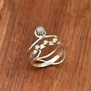 Natural Moonstone Ring <b>Sterling</b> <b>Silver</b> Round Stone Beaded <b>Wire</b> Wrap Band Ring - Product Image 2