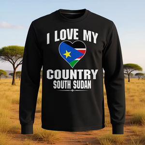 T-shirt a maniche lunghe I Love My Country Sud Sudan con design a cuore e bandiera - Product Image 3