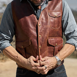 Gilets de moto en cuir brodés avec logo personnalisé, coupe-vent, style vintage, col en V, fermeture à boutons, prix abordable - Product Image 5