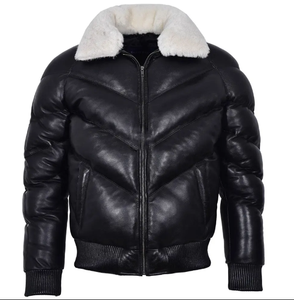 Doudoune en cuir style blouson aviateur en cuir vintage-Veste en cuir matelassé en peau de mouton noir véritable - Product Image 1
