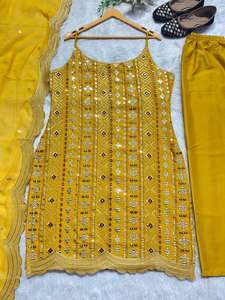 Venta al por mayor de ropa de fiesta de diseñador Faux Georgette hermosa secuencia bordada Top y pantalón con corte de fantasía trabajo Dupatta Set - Product Image 4