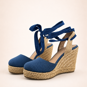Sandalias de cuña de lona azul marino para mujer, con punta cerrada, cordones en el <span class=keywords><strong>tobillo</strong></span>, detalles de paja trenzada, estilo bohemio, zapatos de verano, bajo MOQ, OEM, ODM - Product Image 2