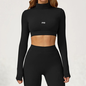 Haut de yoga court à manches longues pour femme, col roulé, extensible dans les quatre sens, séchage rapide, respirant, idéal pour l'entraînement en extérieur - Product Image 1