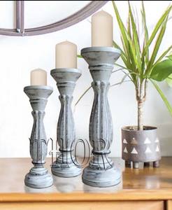 Lot de 3 bougeoirs en bois sculpté à la main, pilier décoratif pour salon, centre de Table, finitions à la chaux - Product Image 5